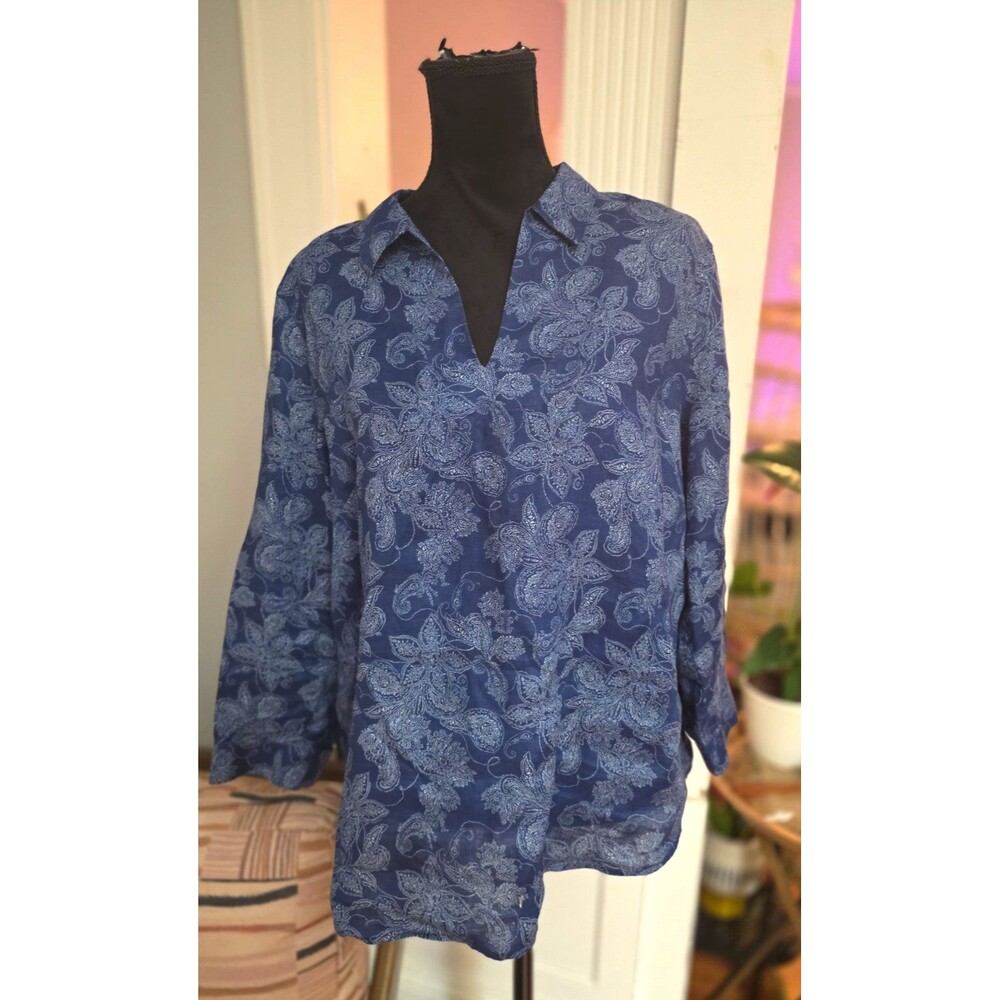 J. Jill Women’s Blue White Paisley Collared 3/4 Sleeve Non-Iron Blouse L
